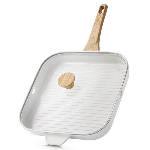 Image of SENSARTE Nonstick Ceramic Grill Pan with Lid, Grill Pan for Stove Tops, Square Grilling Pan with Pour Spouts, Durable Grill Skillet for All Stoves, Steak Bacon Pan, Non Toxic PTFE,PFAS,PFOA Free