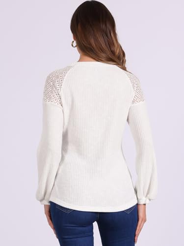 Image of Allegra K Women's Chic Lace-Trimmed Crew Neck Tee Shirt Button Decor Long Sleeve Knit Sweater Top