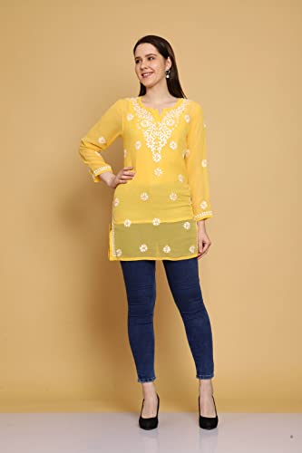 Image of Ada Women's & Girl's Georgette Hand Embroidered Lucknow Chikankari Regular Fit Short Kurti Top with Slip A911300