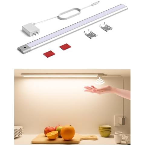 Joyzy 17'' Hand Wave Under Cabinet Lighting Plug in, Dimmable Under Counter Lights for Kitchen Sink LED Light Indoor with 5 Color Temperatures, IR Sensor and Memory Function for Stove, Desk, Cabinets Cover