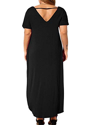 Image of Women's Plus Size Maxi Dresses V Neck Casual Short Sleeve Loose Pocket Slits Long Dress XL-5XL