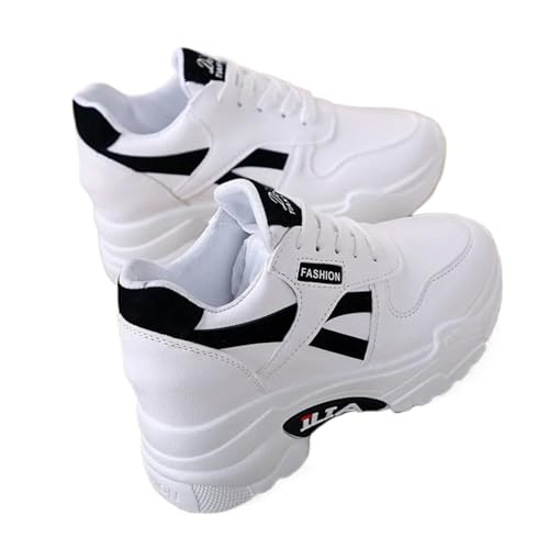 Women's Platform Sneakers White Fashion Casual Shoes with 8cm Hidden Wedge Lift, Comfortable Lace-Up Low Top Sport Shoes for Women