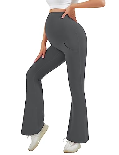 Image of HEGALY Women's Maternity Flare Leggings Over The Belly - Casual Pregnancy Yoga Pants with Pockets Buttery Soft, Dark Grey, Medium