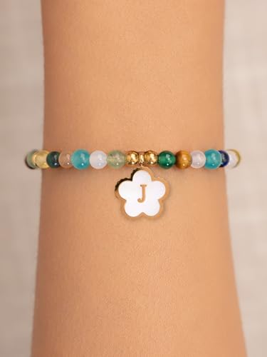 SENLLY Crystal Initial Bracelet, Meaningful Gift for Women Crafted with Natural Stone & Floral Letter Charm J, Adjustable for Mom Daughter Sister Wife Friend - image 3
