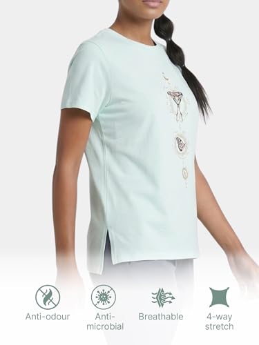 Image of Enamor Athleisure Relaxed Fit Short Sleeve Round Neck Antimicrobial Finish Breathable Stretch Cotton Activewear Sports Tshirt for Women - A301
