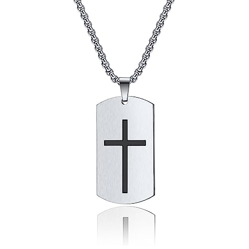 Cross Dog Tag Necklace for Men,Stainless Steel Silver/Gold/Black Military Tag Bible Verse Inspirational Pendant Necklace Jewelry，60cm Rolo Chain