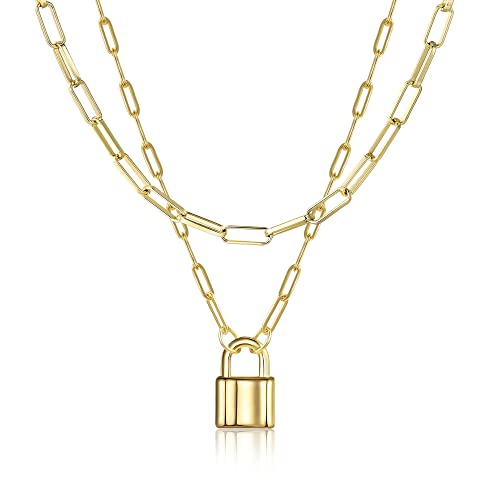 BOUTIQUELOVIN 14K Gold Plated Lock Necklace for Women Paperclip Link Chain Padlock Necklace Non-Tarnish