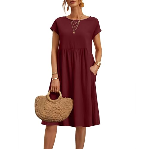 2025 Vestidos de Mujer de Verano Cuello Redondo Manga Corta Vestidos Casuales Cómodos Vestido de Lino Transpirable Elegantes Tinta Unitaria Vintage Vestido Boho Vestidos hasta la Rodilla Anchos