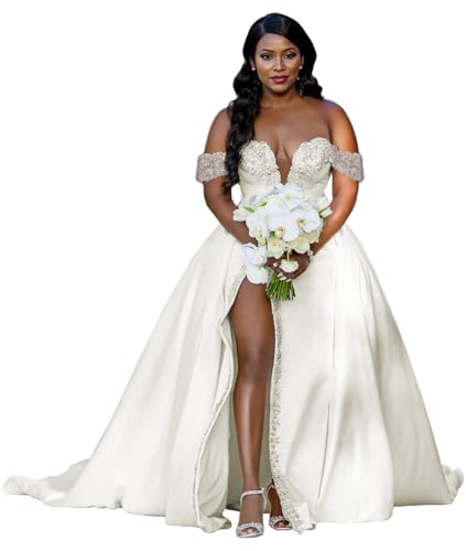 Off Shoulder Wedding Dresses Crystals Beaded Bridal Dress with Slit Sweetheart Satin Bride Wedding Gown