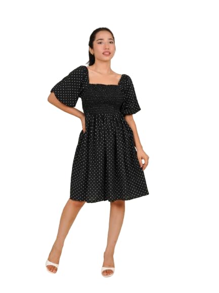 monomee Black Polka Dot Mini Dress with Puff Sleeves and Back Bow Tie Detail-picture-39