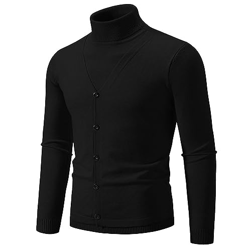 Mens Casual High Stand Collar/Turtleneck Long Sleeve Knitted Cardigan Sweater Soft Textured and Warm Button Down