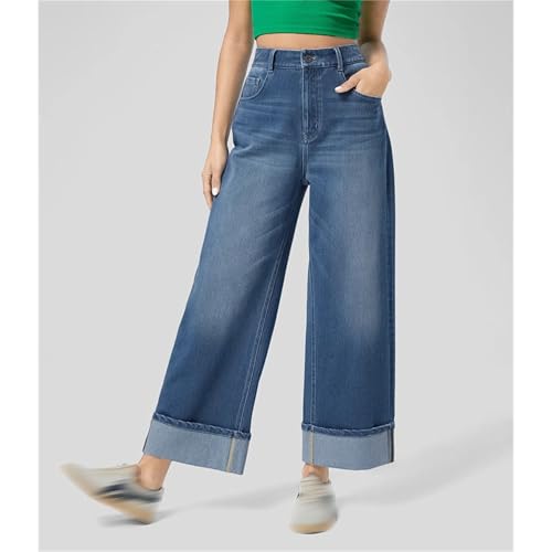 Women's Washed Dark Blue Straight Leg Jeans High Stretch Washed High Waist Jeans Wide Leg Fashion Nine-Point Jeans2