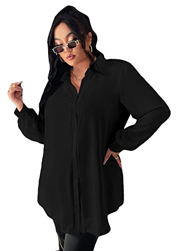 Makemechic Women's Plus Size Long Sleeve Button Down Shirt Solid Long Blouse Black 1Xl #TOP21