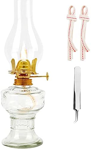 Kerosene Oil Lamp,1 Vintage Kerosene Lamp,1 Tweezers and 2 Wicks,Glass Hurricane Lantern for Indoor Lighting Decoration Outdoor Camping Use (Clear)