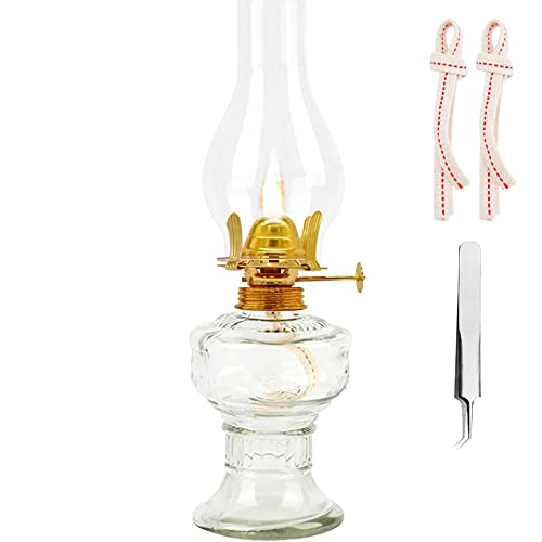 rnuie Kerosene Oil Lamp,1 Vintage Kerosene Lamp,1 Tweezers and 2 Wicks,Glass Hurricane Lantern for Indoor Lighting Decoration Outdoor Camping Use (Clear)