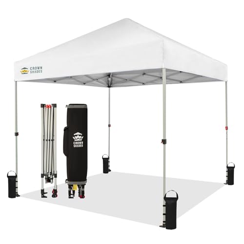 CROWN SHADES 8x8 Pop Up Canopy - Beach Tent with One Push Setup - Easy Outdoor Sun Shade for Events, Parties, Camping - Gazebo with STO-N-Go Cover Bag, Silver Coated Top, White