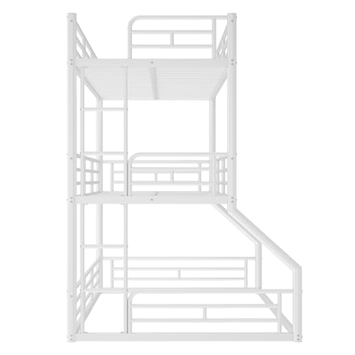 Image of Twin Over Twin Over Full Bunk Bed with Safety Guardrails, Modern Metal Triple Bed Frame for Kids, No Box Spring Required, White