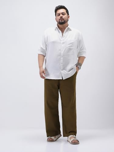 Image of Urbano Plus Men's Loose Fit Solid Linen Blend Trousers Non-Stretchable