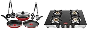 Pigeon by Stovekraft Mio Aluminium Gift Set, Red (8 Pieces) & Pigeon by Stovekraft Manual Ignition Blaze Blackline Glass Top 4 Burner Gas Stove, Black