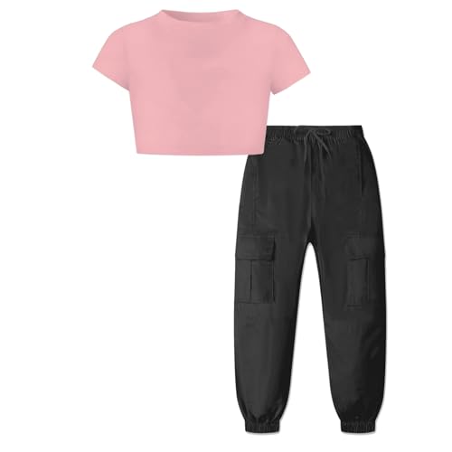 Image of Betusline Cute Clothes for Teen Girls, Pink Short Sleeve Crop Tops and Black Cargo Jogger Pants Outfits 2pcs Clothes Set, 7-8 Years = Tag 140