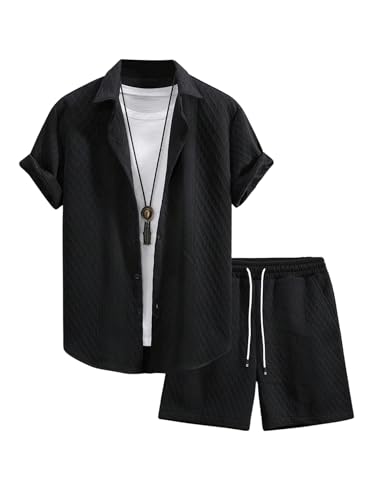 GORGLITTER Mens 2 Piece Outfits Waffle Knit Button Down Shirt Top and Shorts Set Black Medium