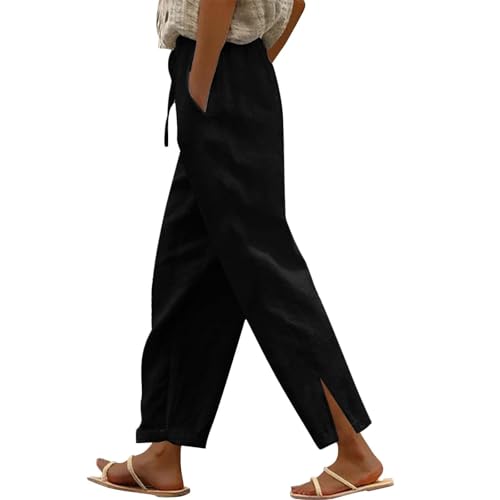 Lastesso Summer Pants for Women Baggy Basic Solid Cotton Summer Lounge Slacks Travel Beach Loose Comfy Trousers with Pockets