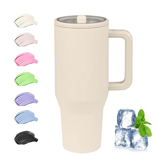 Taza térmica con pajita y asa, 40 oz/1200 ml, taza de café para llevar térmica, 100% a prueba de fugas, de acero inoxidable, tapa con pajita, apta para lavavajillas, sin BPA (beige)