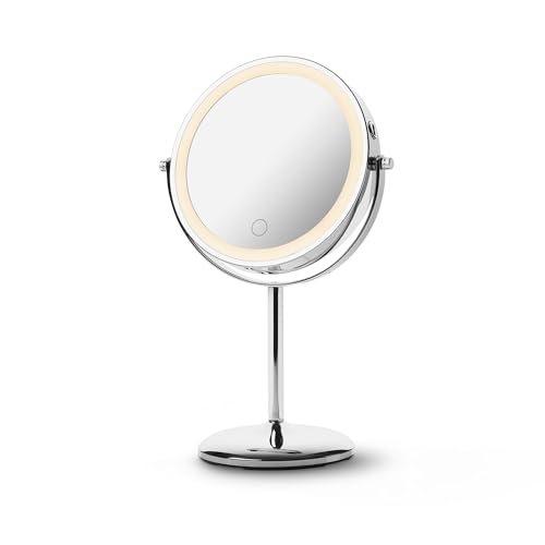 medisana CM 844 Espejo cosmético con aumento, espejo de mesa con iluminación, espejo inalámbrico con batería recargable, luz LED regulable y 2 superficies de espejo giratorias con y sin 7 aumentos