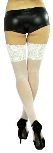 Image of ToBeInStyle Women's Wide Floral Lace Fishnet Thigh Hi Stockings