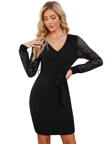 YesFashion Strickkleid Damen V-Ausschnitt Pulloverkleid Elegant Winterkleid Festlich Mit Gürtel Schwarz XL