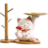 Vexnar 招き猫 キー収納 金属トレイ 玄関収納 鍵置き 小物置き リップスタンド 卓上置物 おしゃれ かわいい 金運アップ 縁起物 右手上げ レジン製 インテリア 猫好き ギフト 開店祝い (B)