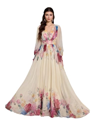 Image of TOLEEN Summer Casual Dresses for Women 2026 Spring Fashion Boho V Neck Long Sleeve Ruffle Floral Print Elegant Maxi Dress