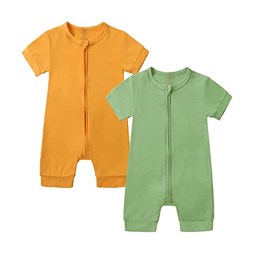 Image of JunNeng Baby Boy Girl 2 Pack Rayon of Bamboo Summer Sleeper Infant Soft Short Sleeve Zipper Footless One-piece Romper