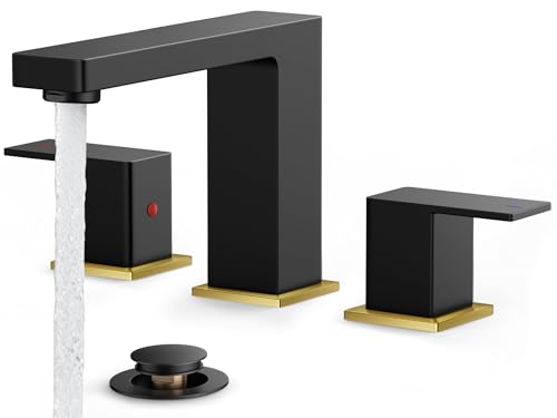 FORIOUS Widespread Black and Gold Bathroom Faucet Square 8 in Black Faucet