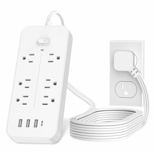 Power Bars with Surge Protector, Flat Plug Exetnsion Cord, Power Strip Outlet Extender with 6 Outlets and 4 USB Ports(1 USB C), Wall Mount for Home Office College Dorm Room Essentials