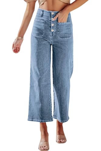 yoeasy Women's High Waisted Wide Leg Jeans Button Stretchy Straight Leg Jeans Boyfriend Casual Denim Pants