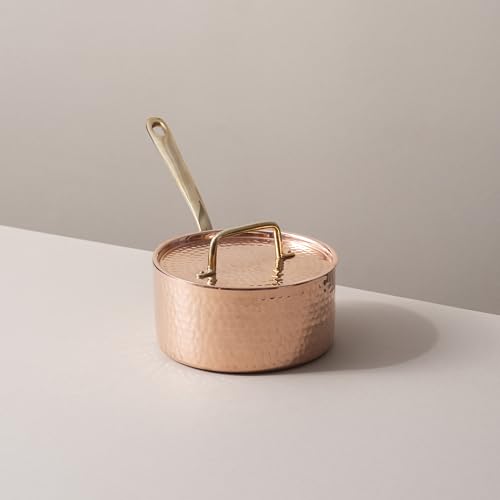 Veda Essentials. 1L Copper Sauce Pan with Tin Coating | Gas Compatible Traditional Indian Cookware with Insulated Brass Handle & Lid - 30cm Handcrafted Tea & Milk Boiling Pot