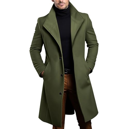 Image of Men’S Coat, Mens Trench Long Casual Single Brested Overcoat Winter Notched Collar Pea Coats With Pockets Blank Nyc Jacket Warm Black Men Bomber Gold Zipper (L, Green)