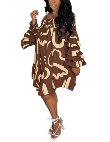 Image of WOKANSE Women's Casual Plus Size Shirred Dresses Off Shoulder Bell Sleeves Ruffle Loose Stretchy Neck Midi Dress