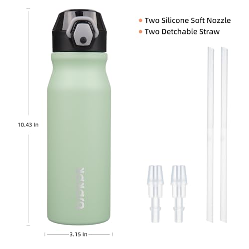 Image of BJPKPK 25 oz Insulated Water Bottle, Straw, Handle, Stainless Steel Flask | Leak Proof Locking Lid, Thermal, Double Wall Vacuum, Keeps Hot /Cold, BPA Free, Dishwasher Safe, Travel & Sports, Sage