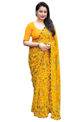 Image of Yashika Women's Printed Georgette Printed Saree With Lace Border and Blouse Material