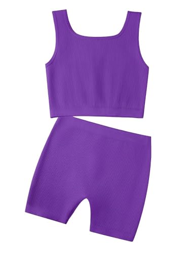 Image of EXARUS Girls 2 Piece Outfits Seamless Ribbed Cropped Tank Top Shorts Set | Teen Two Piece Outfit Tween Summer Dance Vacation Yoga Crew Neck Youth Athletic Workout Set Kids High Waist Elasticity 6-14Y