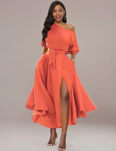 Image of Women's Off Shoulder Short Sleeve Cocktail Swing Dress | Elegant Wedding Guest, Midi Length, Asymmetrical Neck, Belted, Front Side Slit, Side Pockets, Formal Occasions, Day to Night