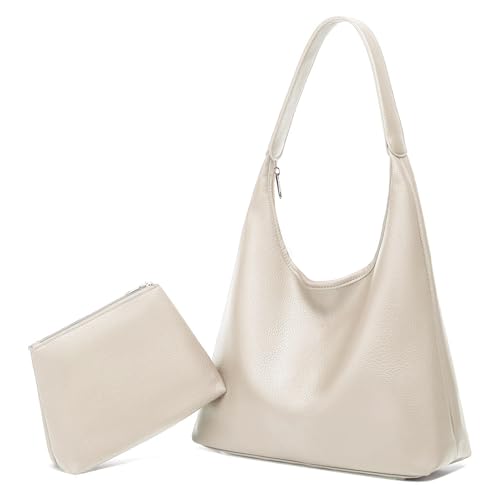 Sac Cabas Femme Grand Format Sac Fourre Tout en Cuir PU Tote Bag Femme Grand Capacité avec Fermeture Éclair Sacs Porté Epaule de 2 Pièces (Beige)