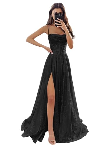 UCAZEUO Teens Long Black Prom Dress 2025 with Slit Glitter Cowl Neck Open Back Formal Dresses for...