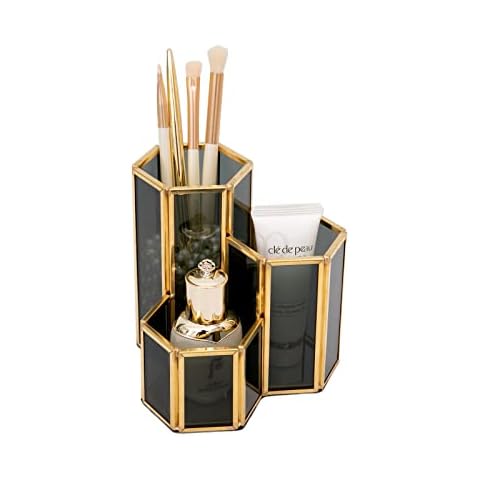 SLHEQING Makeup Brush Holder Glass Cosmetic Organizer Gold Makeup Organizer, Vintage Beauty Organizer (Black B) Cover