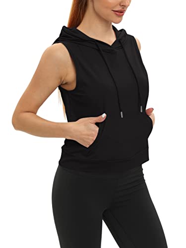 Cyanstyle Workout Tops For Women Loose Fit Athletic Running Tank Tops Sleeveless Quick Dry Yoga Shirts Pocket Black Medium #TOP3