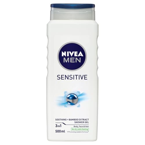 NIVEA MEN Sensitive Shower Gel and Body Wash 500ml | With Bamboo Extract | 3 in 1: for Body, Face and Hair | For Sensitive Skin Types | Long Lasting Freshness | Biodegradable Formula
