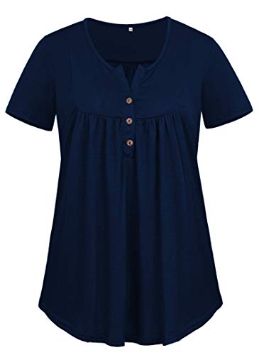 VISLILY Womens Henley Shirts Plus Size Short Sleeve T Shirt Tunic Tops Blouses Navy 16W