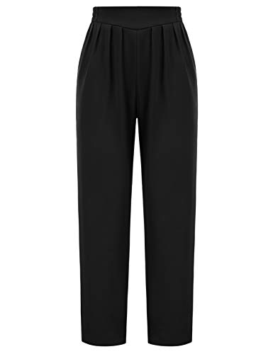 GRACE KARIN Womens Straight Legs Pants Elastic Waist Pleated High Waist Trouser Black S